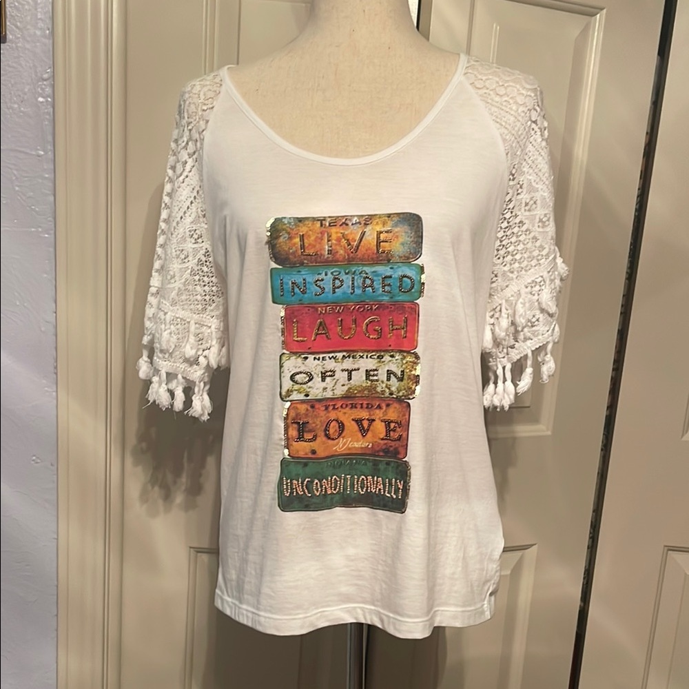 Orange and White Graphic Ruffled Short Sleeve Tee